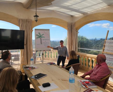 Eine Person präsentiert an einem Flipchart in einem hellen Raum mit Fenstern und Ausblick.